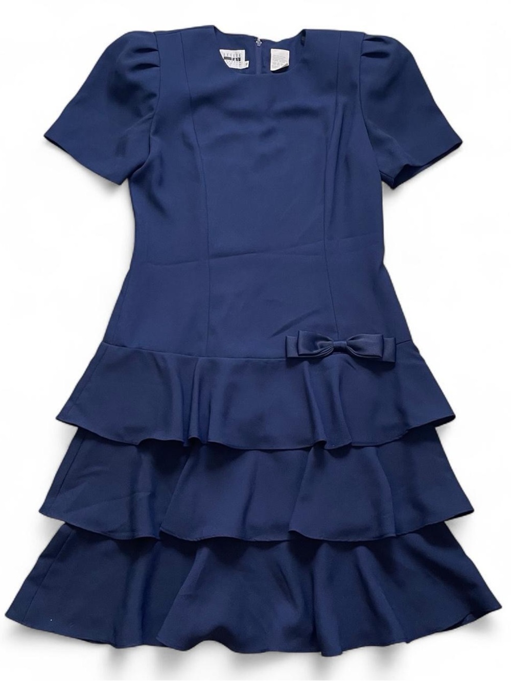 Leslie Fay Dresses Petite Drop Waist Ruffled Dress in Navy Blue